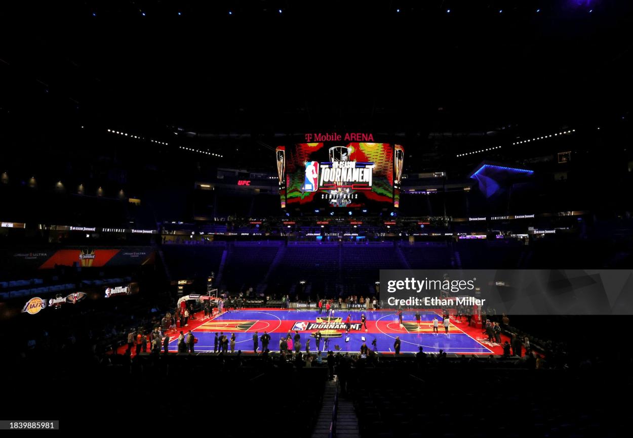 A general view shows the court before the West semifinal game of the inaugural NBA In-Season Tournament between the New Orleans Pelicans and the Los <strong><a  data-cke-saved-href='https://www.vavel.com/en-us/nba/2023/11/05/1161900-los-angeles-lakers-vs-miami-heat-a-win-to-climb-up-the-standings.html' href='https://www.vavel.com/en-us/nba/2023/11/05/1161900-los-angeles-lakers-vs-miami-heat-a-win-to-climb-up-the-standings.html'>Angeles Lakers</a></strong> at <strong><a  data-cke-saved-href='https://www.vavel.com/en-us/nhl/2021/05/15/1071457-vegas-golden-knights-excited-to-start-series-vs-minnesota-wild.html' href='https://www.vavel.com/en-us/nhl/2021/05/15/1071457-vegas-golden-knights-excited-to-start-series-vs-minnesota-wild.html'>T-Mobile Arena</a></strong> on December 07, 2023 in Las Vegas, Nevada. The Lakers defeated the Pelicans 133-89. NOTE TO USER: User expressly acknowledges and agrees that, by downloading and or using this photograph, User is consenting to the terms and conditions of the Getty Images License Agreement. (Photo by Ethan Miller/Getty Images)