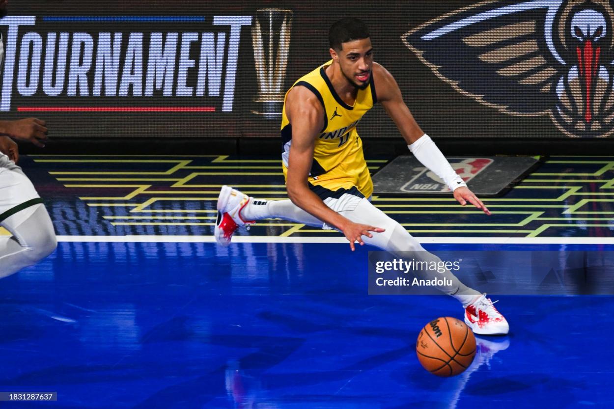 Tyrese Haliburton (0) of Indiana Pacers in action during NBA In-Season Tournament Semifinals game between Milwaukee Bucks and Indiana Pacers at the T-Mobile Arena in Las Vegas, Nevada, United States on December 7, 2023. (Photo by Tayfun Coskun/Anadolu via Getty Images)