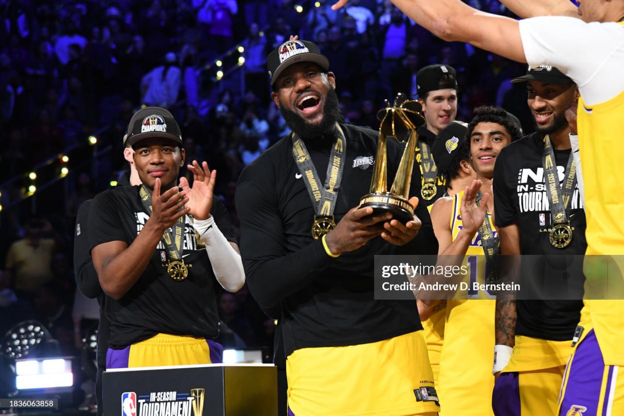 LeBron James #23 of the Los Angeles Lakers receives the In-Season Tournament MVP Trophy after winning the In-Season Tournament Championship game against the Indiana Pacers on December 9, 2023 at T-Mobile Arena in Las Vegas, Nevada. NOTE TO USER: User expressly acknowledges and agrees that, by downloading and or using this photograph, User is consenting to the terms and conditions of the Getty Images License Agreement. Mandatory Copyright Notice: Copyright 2023 NBAE (Photo by Andrew D. Bernstein/NBAE via Getty Images)