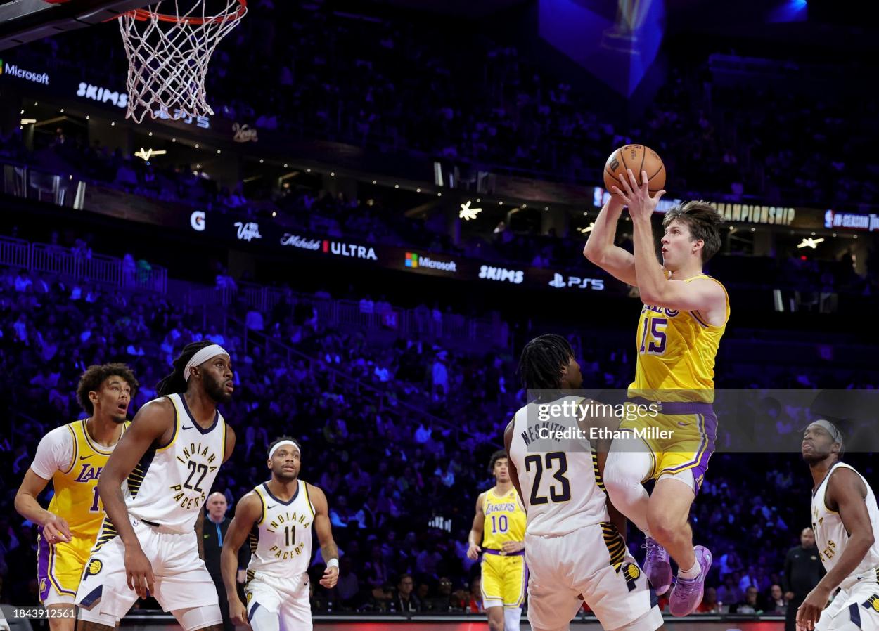 Austin Reaves #15 of the Los Angeles Lakers shoots the ball against the Indiana Pacers during the second quarter in the championship game of the inaugural NBA In-Season Tournament at T-Mobile Arena on December 09, 2023 in Las Vegas, Nevada. NOTE TO USER: User expressly acknowledges and agrees that, by downloading and or using this photograph, User is consenting to the terms and conditions of the Getty Images License Agreement. (Photo by Ethan Miller/Getty Images)