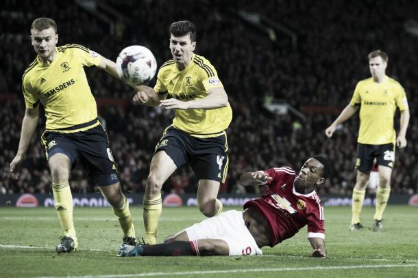 Ben Gibson (L) with Daniel Ayala during Boro's victory over Manchester United in the Capital One Cup | Photo: Getty Images