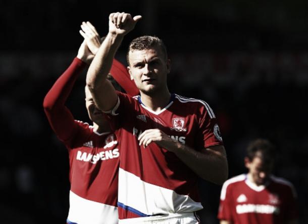 Ben Gibson thanks the travelling fans from Teesside after captaining Boro to a clean sheet | Photo: Getty Images