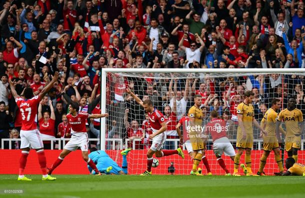 Ben Gibson gets a goal back for Middlesbrough against Tottenham Hotspur | Photo: Dan Mullan/Getty