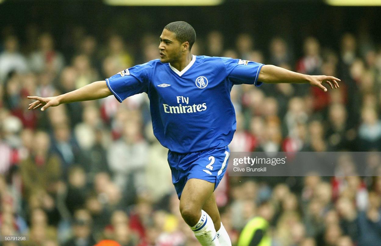 Glen Johnson of Chelsea celebrates scoring the last goal during the FA Barclaycard Premiership match between Chelsea and Southampton at Stamford Bridge on May 1, 2004. (Photo by Clive Brunskill/Getty Images)