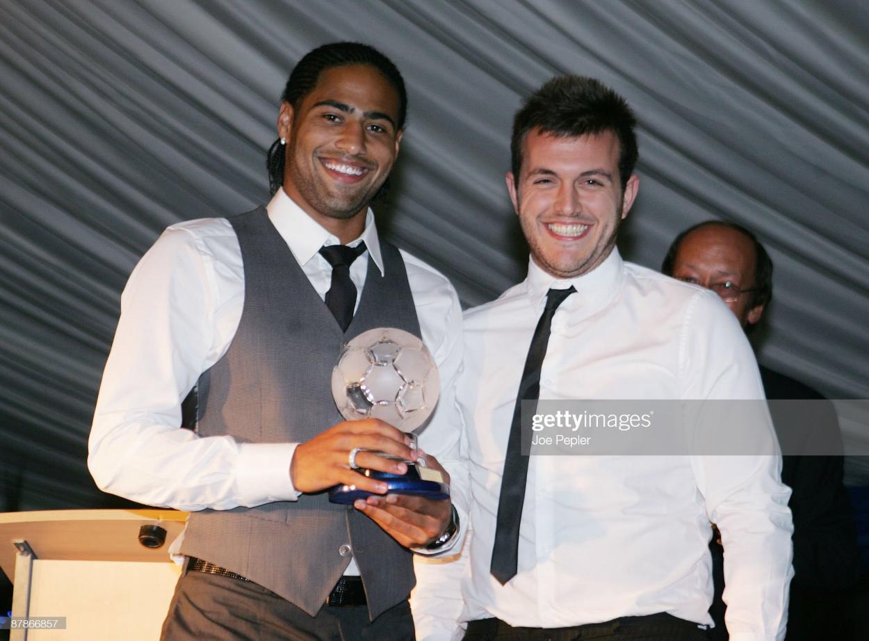 Glen Johnson wins best goal of the season for his goal against Hull City at home, presented by Local Radio Commintator Chris Wise on May 19, 2009 At HMS Nelson's Officer's Mess in Portsmouth, England. (Photo by Joe Pepler/Portsmouth FC via Getty Images)