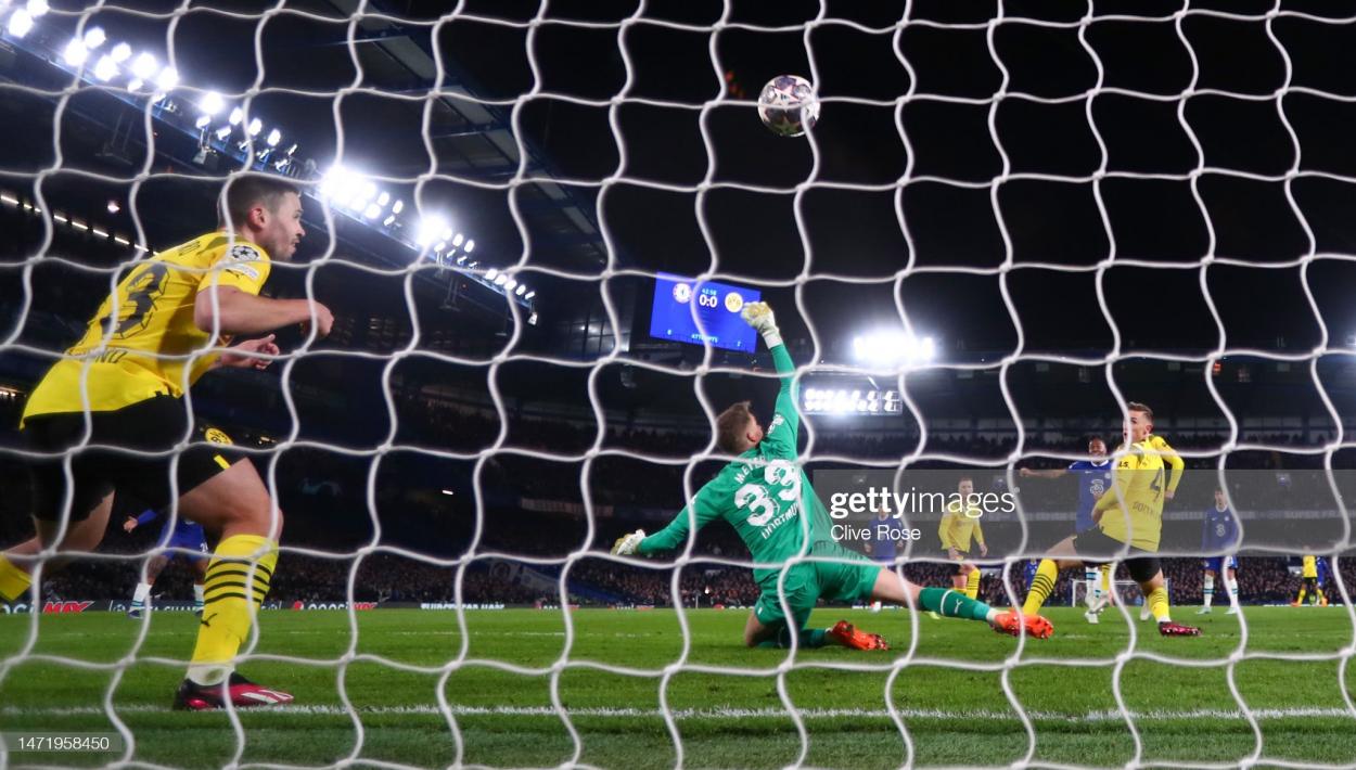 Raheem Sterling's shot rattled the Dortmund net. (Photo by Clive Rose/Getty Images)