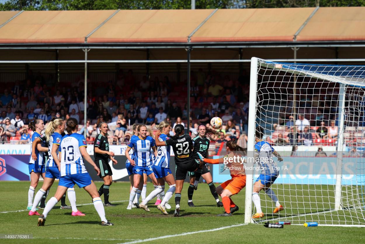 Ava Baker of Leicester City scores the team's first goal during the FA Women's Super League match between Brighton & Hove Albion and Leicester City at Broadfield Stadium on May 27, 2023 in Crawley, England. (Photo by Andrew Redington - The FA/The FA via Getty Images)