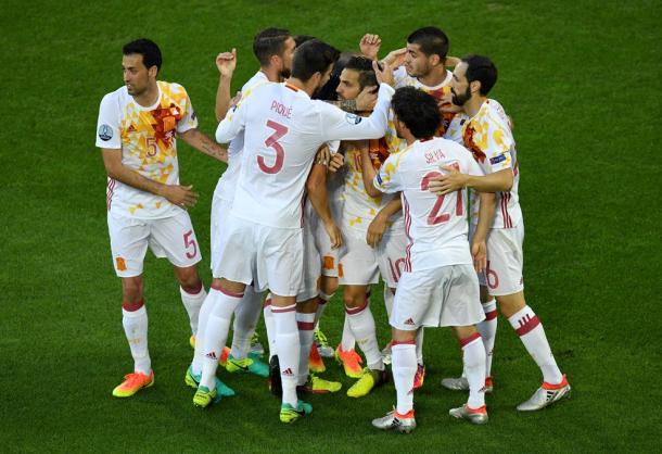 La selección española celebra el gol de Morata. |  FOTO: UEFA