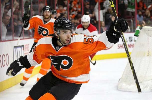 Shayne Gotsisbehere celebrating goal. | Photo: thehockeynews.com