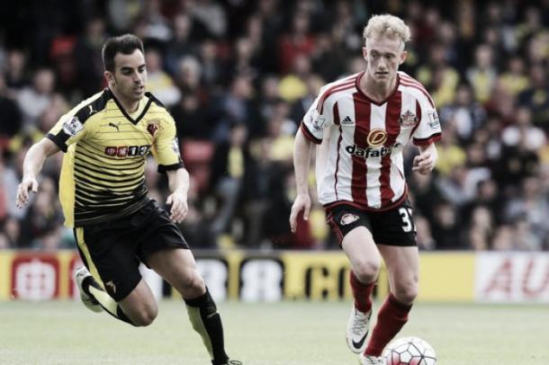 Above: Rees Greenwood in action for Sunderland AFC in his Premier League debut in their 2-2 draw with Watford | Photo: Sunderland Echo 