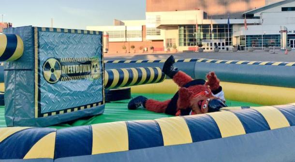 Philadelphia Flyers mascot Gritty playing around in the obstacle zone. | (Photo: KYW Newsradio)