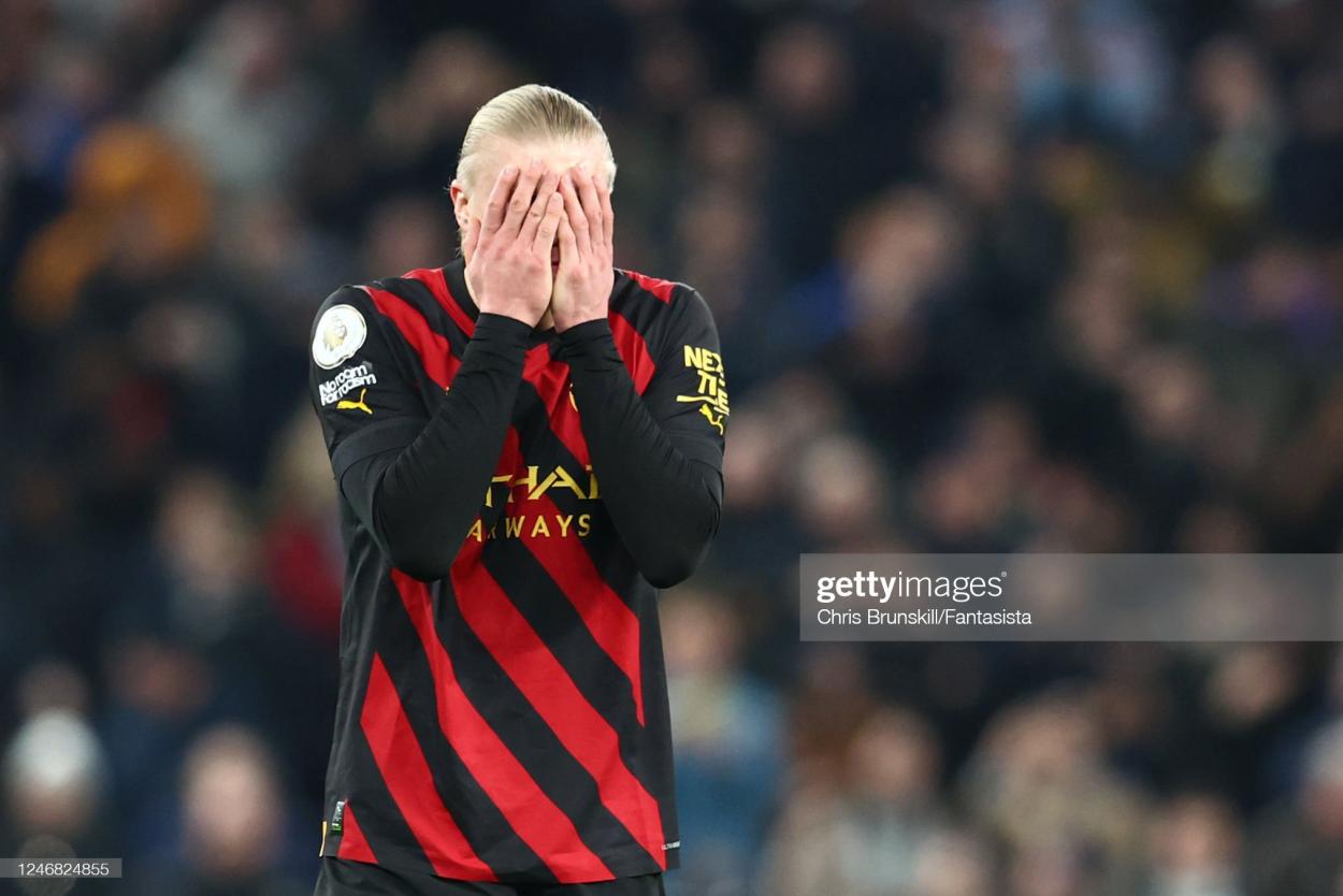 Haaland with his head in his hands at full time. (Photo by Chris Brunskill/Fantasista/Getty Images)