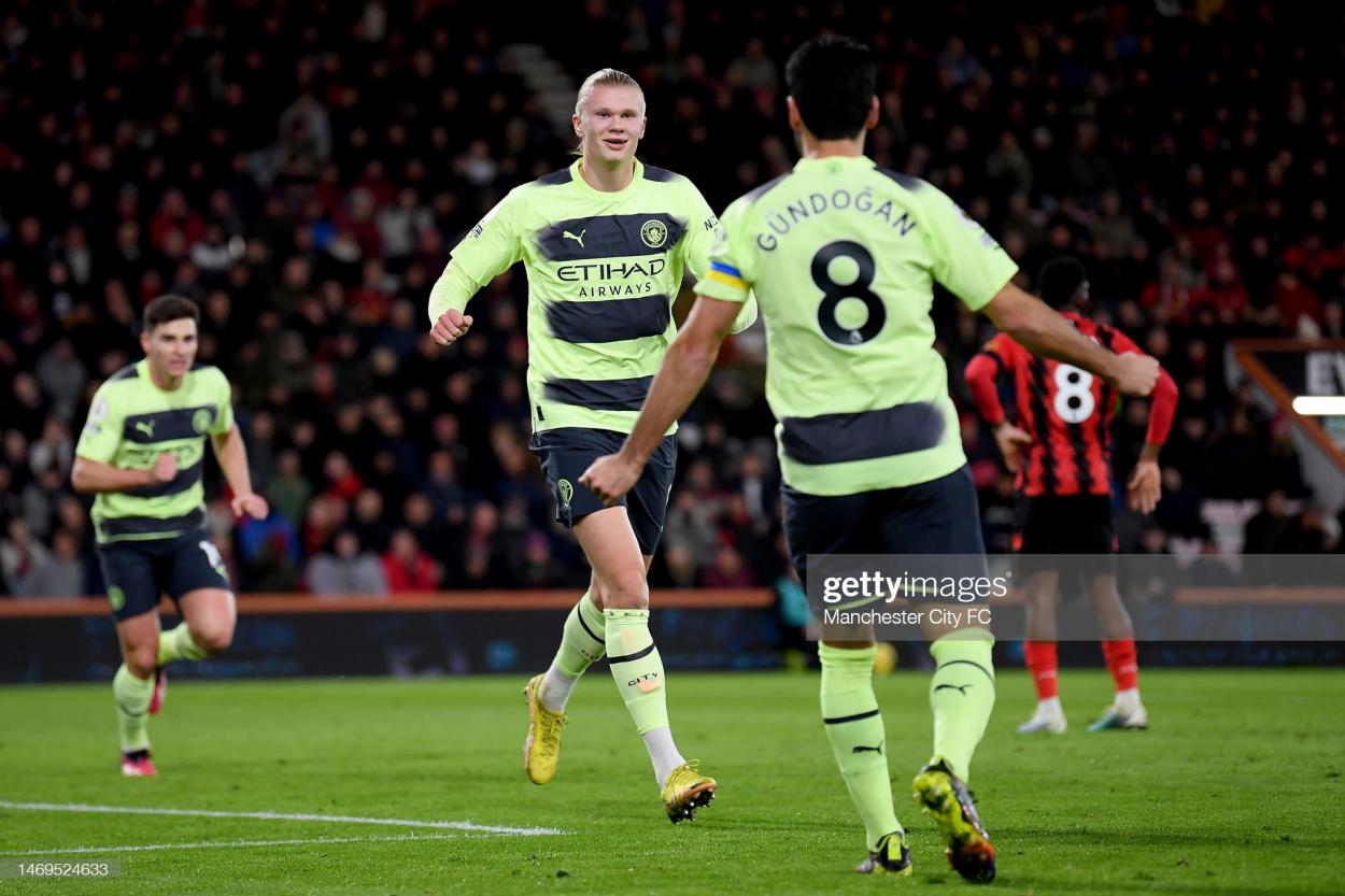 Erling Haaland of <strong><a  data-cke-saved-href='https://www.vavel.com/en/football/2023/03/17/burnley/1140970-emotions-aside-kompany-has-a-job-to-do-on-etihad-return.html' href='https://www.vavel.com/en/football/2023/03/17/burnley/1140970-emotions-aside-kompany-has-a-job-to-do-on-etihad-return.html'>Manchester City</a></strong> celebrates with team mate Ilkay Gundogan after scoring their sides second goal during the <strong><a  data-cke-saved-href='https://www.vavel.com/en/football/2023/03/17/premier-league/1140975-four-things-we-learnt-after-super-seagull-beat-stooping-eagles.html' href='https://www.vavel.com/en/football/2023/03/17/premier-league/1140975-four-things-we-learnt-after-super-seagull-beat-stooping-eagles.html'>Premier League</a></strong> match between AFC Bournemouth and Manchester City at Vitality Stadium on February 25, 2023 in Bournemouth, England. (Photo by Manchester City FC/Manchester City FC via Getty Images)