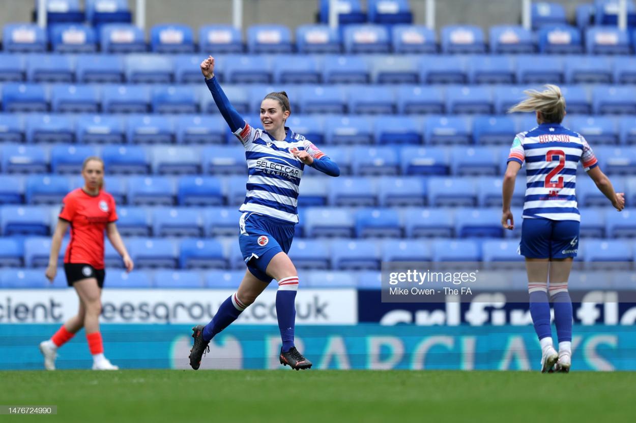 Emma Harries of Reading celebrates scoring the side's first goal during the FA Women's Super League match between Reading and Brighton & Hove Albion at Select Car Leasing Stadium on March 26, 2023 in Reading, England. (Photo by Mike Owen - The FA/The FA via Getty Images)