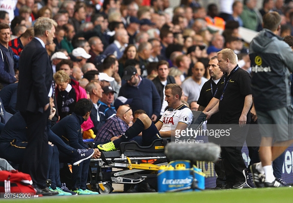Harry Kane was stretched off the pitch and out of the ground by the Tottenham Hotspur medical team last weekend. (Photo by Paul Gilham/Getty Images)