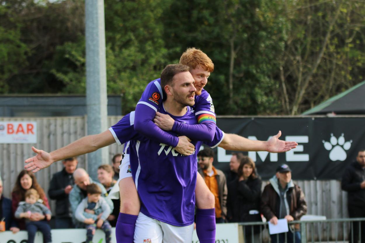 Barnet FC's <strong><a href='https://www.vavel.com/en/football/2023/02/26/1138964-barnet-fc-4-1-aldershot-town-a-bees-fourfold-sees-off-the-shots.html'>Harry Smith</a></strong> celebrating with Dale Gorman after putting Barnet 1-0 up against Maidenhead United at York Road on Saturday 22nd April. (Credit - Barnet Football Club)