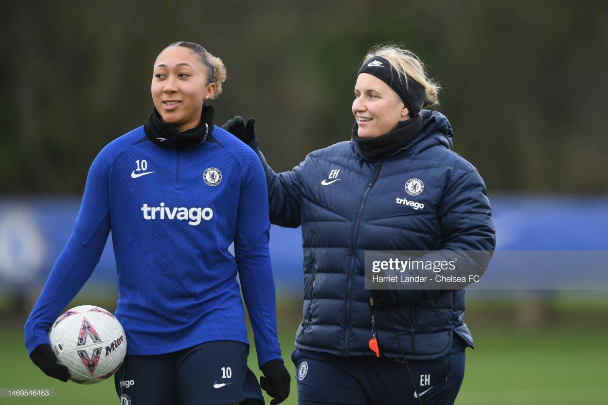 Emma Hayes and Lauren James in training. (Photo by Harriet Lander - Chelsea FC/Chelsea FC via Getty Images)