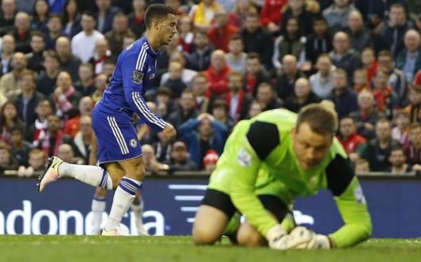 Hazard wheels away after his fine solo goal against Liverpool in midweek. (Source: Rex Features)