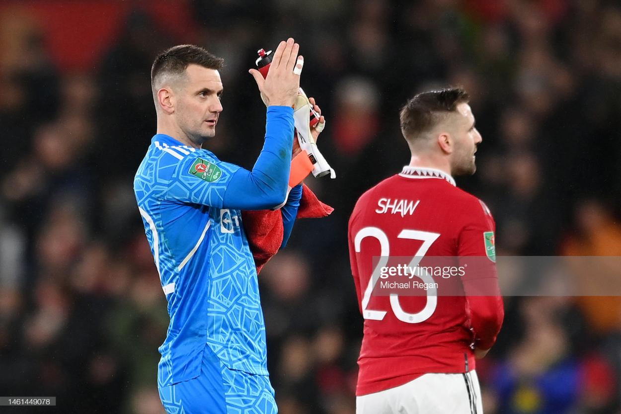 Tom Heaton applauds the fans after the match. (Photo by Michael Regan/Getty Images)