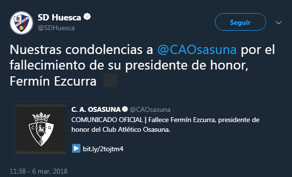 La SD Huesca muestra las condolencias por el fallecimiento |Foto: Twitter