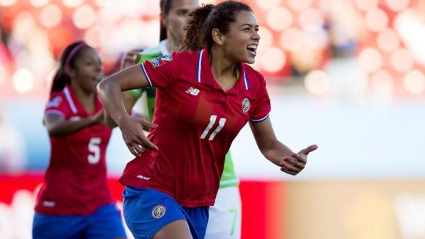 Costa Rican midfielder Raquel Rodriguez (Center) celebrating one of her two goals against Mexico on Monday at Toyota Stadium. Photo provided by Osvaldo Aguilar- MexSport.