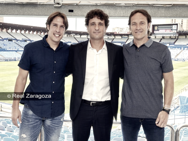 Néstor Orozco, idiaquez y Mario Gibanel en el que será su nuevo estadio. Foto: Real Zaragoza.