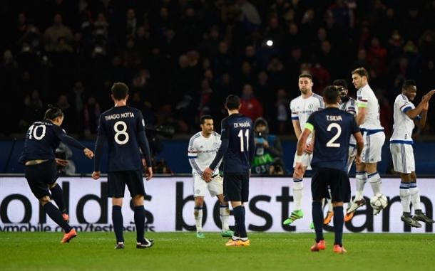 Ibrahimovic blasts his free kick onto Mikels leg which led to the deflected opener