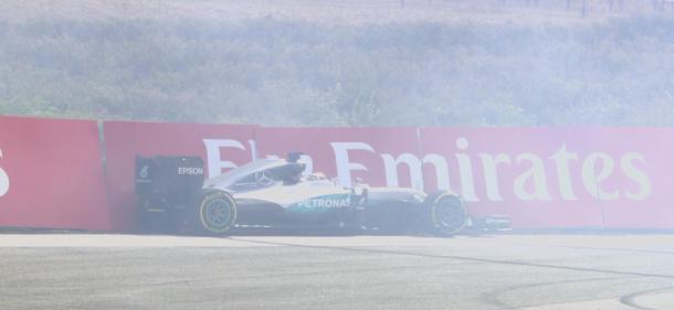 Hamilton's spin into the barrier ended his session after just four laps. Rosberg completed 45. (Image credit: Formula One.com)