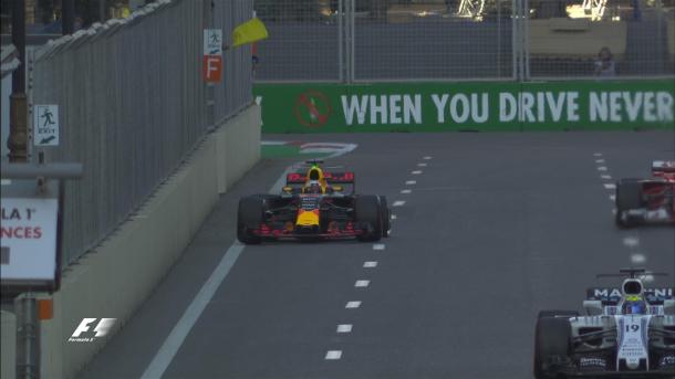 Daniel Ricciardo clipped the wall at Turn 6, and damaged the left rear. (Image Credit: @F1 Twitter)