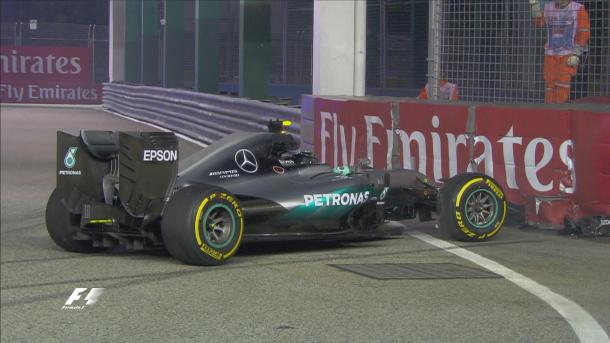 Nico Rosberg's session came to an early end after he crashed at T18, although he was able to limp home to the pits. (Image Credit: @F1 Twitter)