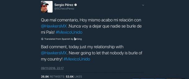 After the offensive tweet was deleted, Perez informed his followers of the decision. (@SChecoPerez Twitter)