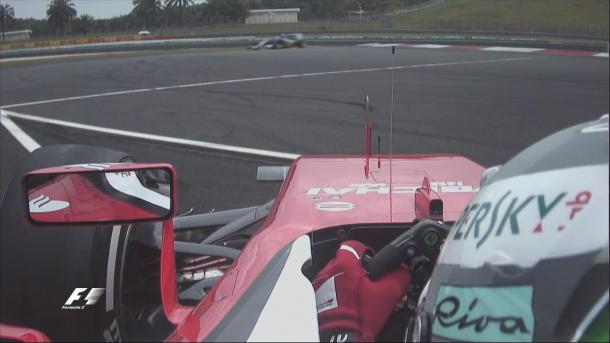 A lack of grip, following the overnight rain contributed to Sebastian Vettel's harmless spin. (Image Credit F1.com)