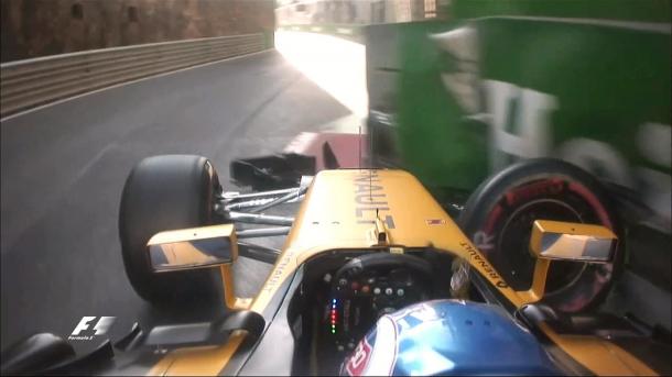 After a frosty BBC interview on Thursday, Jolyon Palmer's weekend went from bad to worse after he crashed at Turn 8. (Image Credit: @F1 Twitter)