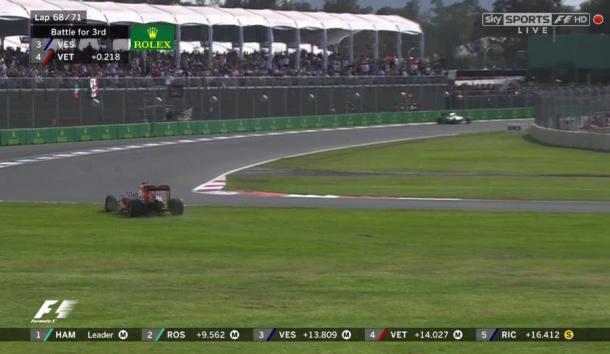 It was when Max Verstappen cut across the grass at T1 with four laps to go that Vettel lost the plot. (Image Credit: Sky Sports F1)