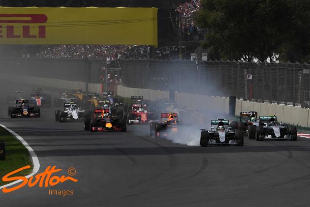 By locking up, Hamilton cut the corner and gained an advantage and should've been penalised. (Sutton Images)