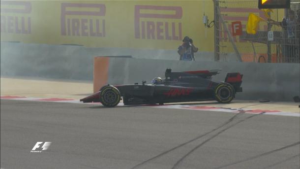 Grosjean wanted a new front-wing, and after this shunt, he got exactly that. (Image Credit: @F1 Twitter)