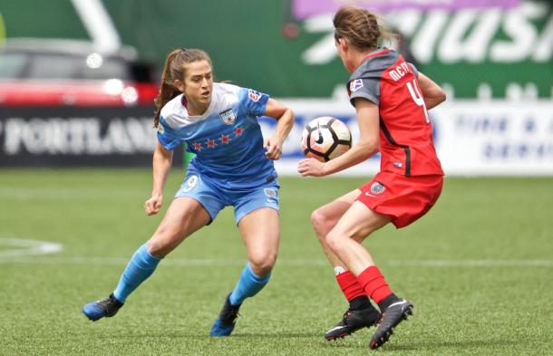 Steph McCaffrey and Emily Menges battle for the ball | Source: IM Soccer