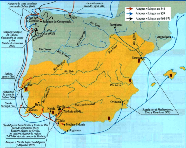 Mapa de las tres primeras expediciones vikingas en la Península, Fuente : Wikicomons
