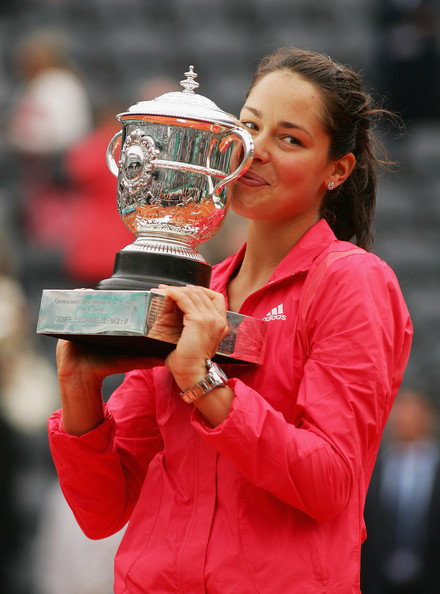 Ivanovic hoisting the 2008 French Open trophy (Matthew Stockman/Getty Images)
