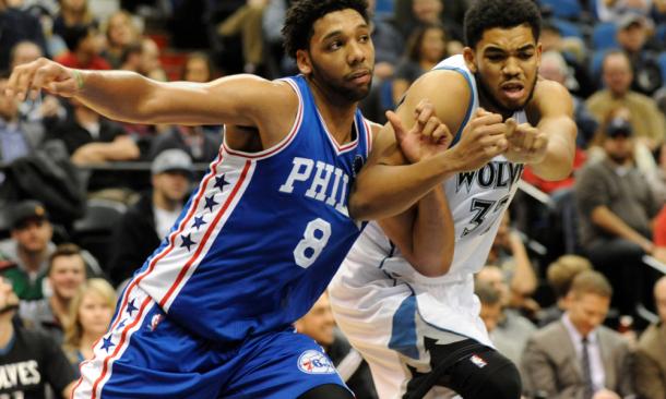 Philadelphia 76ers center Jahlil Okafor (8) boxes out against Minnesota Timberwolves center Karl-Anthony Towns (32). |Marilyn Indahl-USA TODAY Sports|