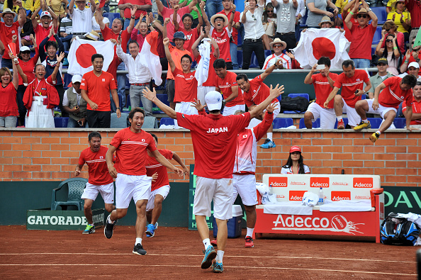 Japan celebrate their play-off success over Colombia last year (Photo: Getty Images/Gal Schweizer)