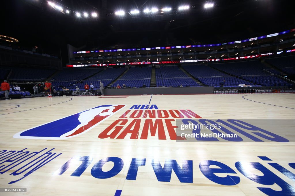 A close up photo of the London Game logo displayed on the court during Washington Wizards shoot around prior to the 2019 NBA London Game at the 02 Arena on January 17, 2019 in London, England. Copyright 2019 NBAE (Photo by Ned Dishman/NBAE via Getty Images)