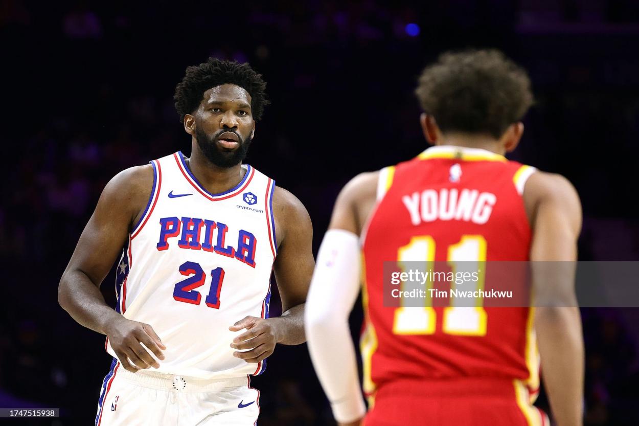 Joel Embiid #21 of the Philadelphia 76ers looks on during the first quarter against the Atlanta Hawks at the Wells Fargo Center on October 20, 2023 in Philadelphia, Pennsylvania. (Photo by Tim Nwachukwu/Getty Images)