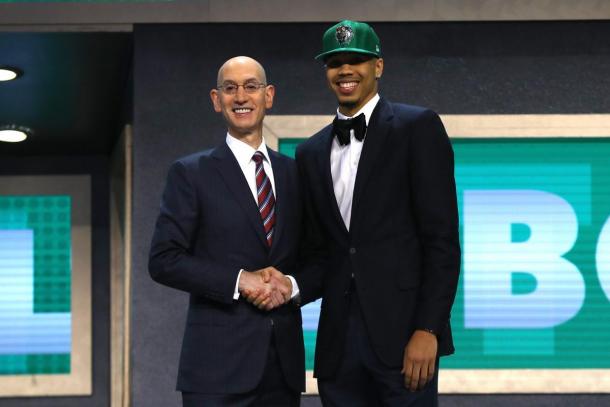 Jayson Tatum with NBA Commissioner Adam Silver after being drafted at number 3 on Thursday. Photo: Getty Images