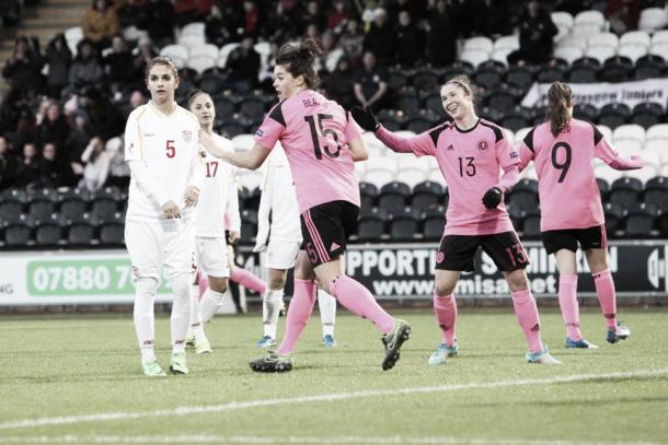 Jennifer Beattie celebrates scoring against Macedonia. Photo: Andy Buist