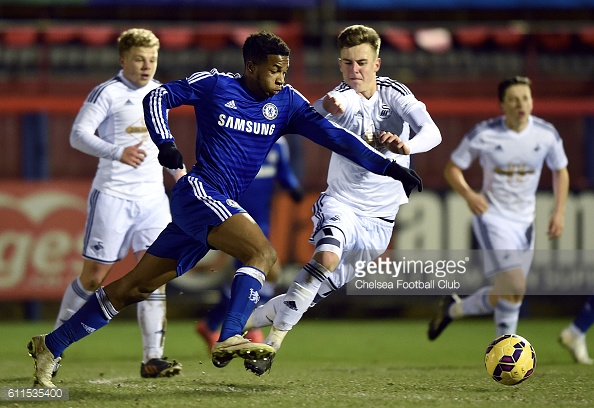 Joe Rodon battles for the ball with Chelsea's Kasey Palmer. | Photo: Darren Walsh/Chelsea FC via Getty Images