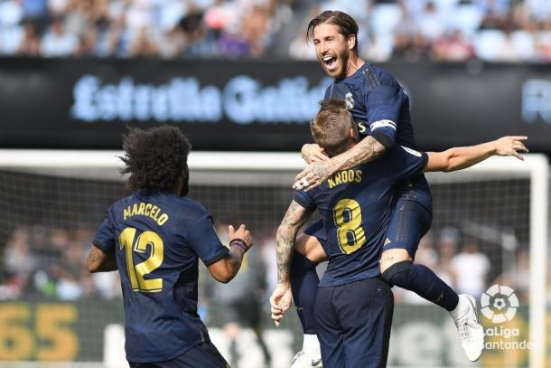 Ramos y Marcelo celebran con Kroos el gol del alemán ante el Celta/ Foto: LaLiga