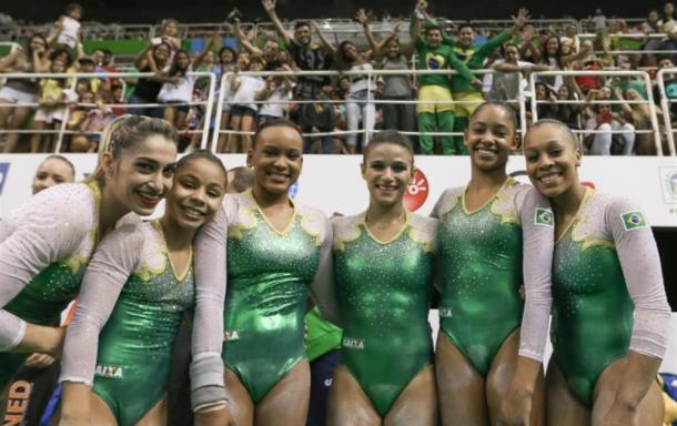 The Brazil Women's Gymnastics Team after winning gold at the Aquece Rio Test Event/Getty Images