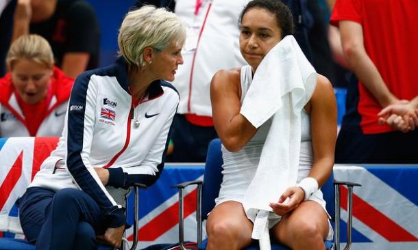 Judy Murray was known to have a close bond with her players, seen here speaking with Heather Watson (Source: The Guardian)