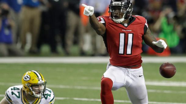 Julio Jones caught nine passes for 180 yards and 2 TDs in the NFC Championship win over Green Bay. (Source: David J. Phillip/AP)